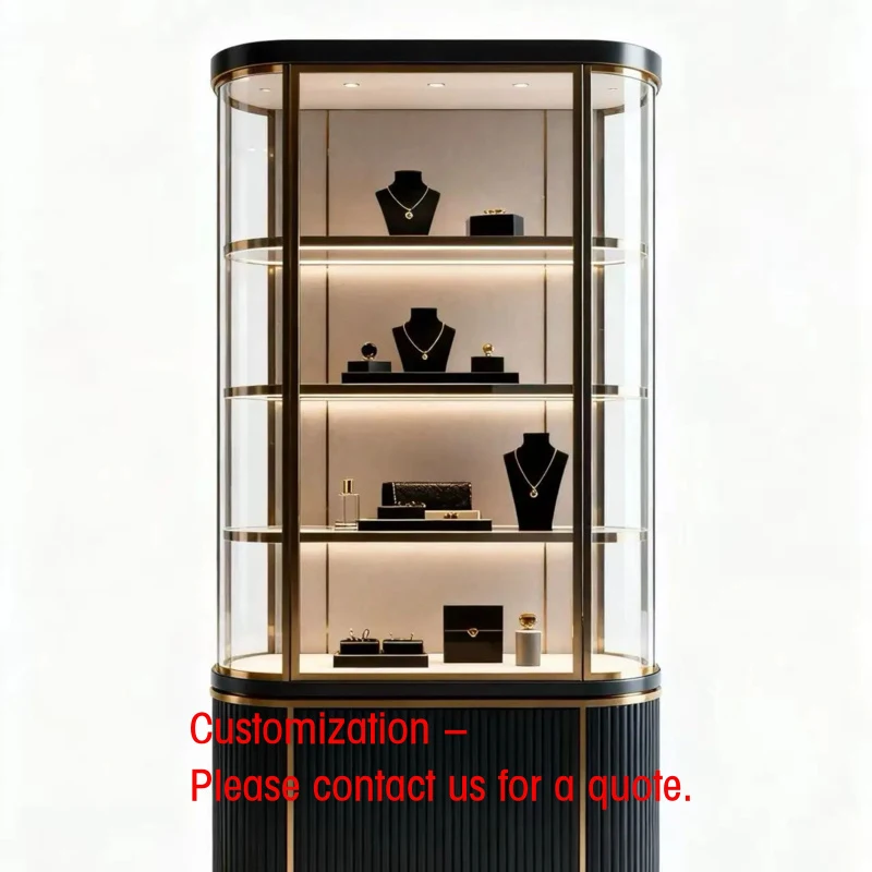 custom.Mall Black & Gold Curved Jewelry Display Cabinet with LED Ultra-Glass Lighting Custom Retail Showcase