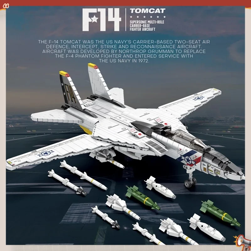 

Набор строительных блоков MOC «Военный истребитель F-14 Tomcat» из 1443 деталей, модель самолета для авианосца, кирпичики, подарки на праздники, детские игрушки