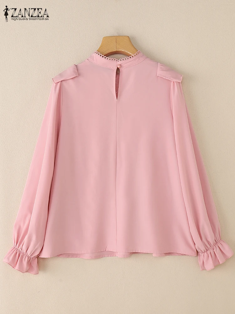 Fashion Women Long Lantern Sleeve Blouse ZANZEA Spring Office Shirt Stylish Lace Crochet Holiday Tops Tunic Oversize Chemise