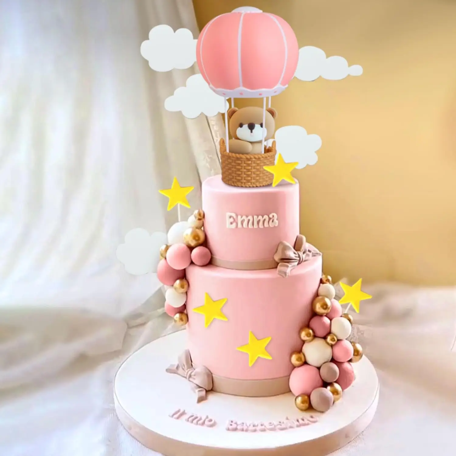 LaVenty Blue Pink Bear Cake Decoration Blue Gold Balls Cake Topper Hot Air Balloons Baby Shower Birthday Cake Decoration - view 4