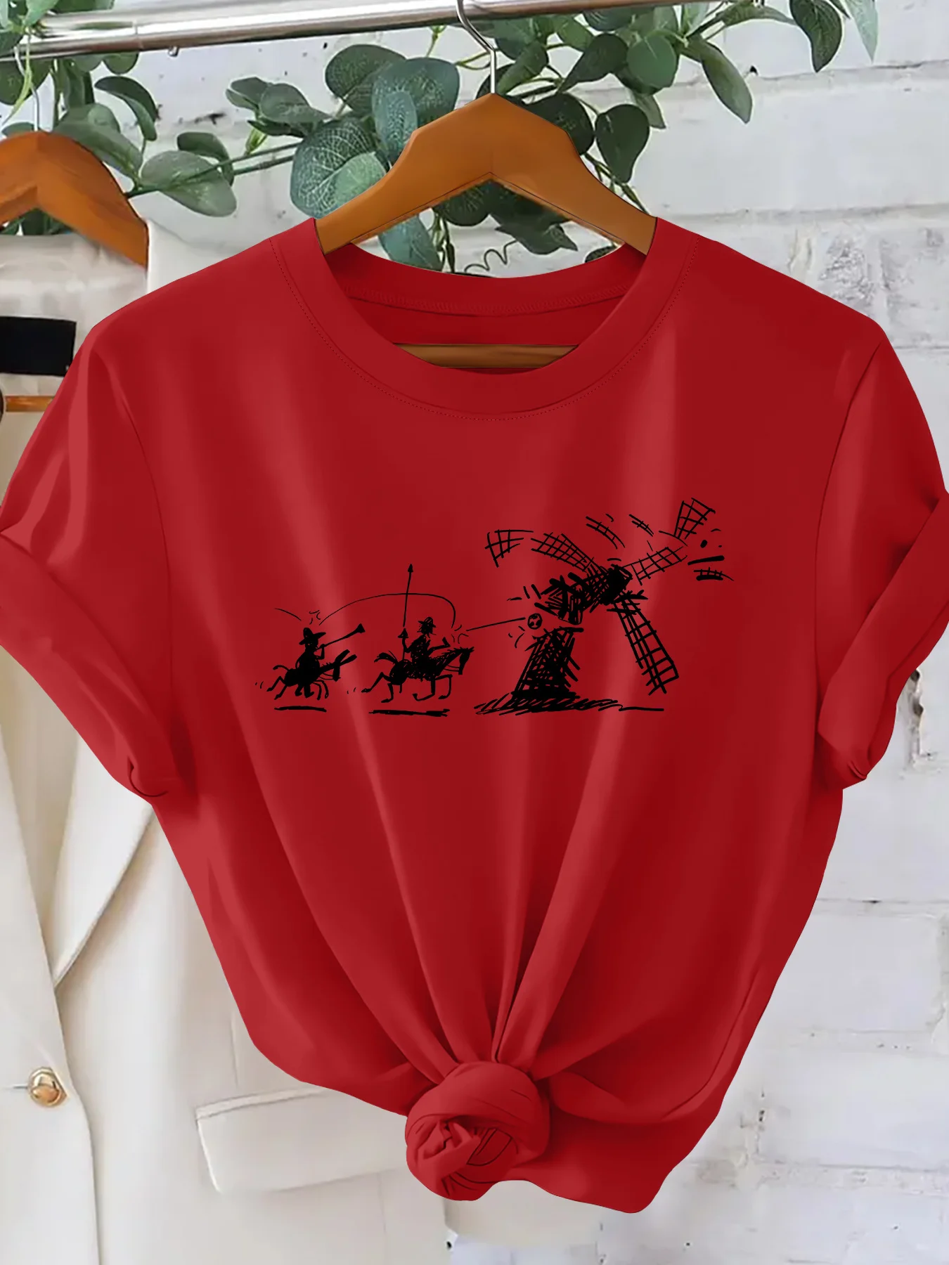 Women's Summer Top | Don Quixote Battle Windmill Fun Graffiti Printed Women's T-shirt  Elegant Party Women's Clothing