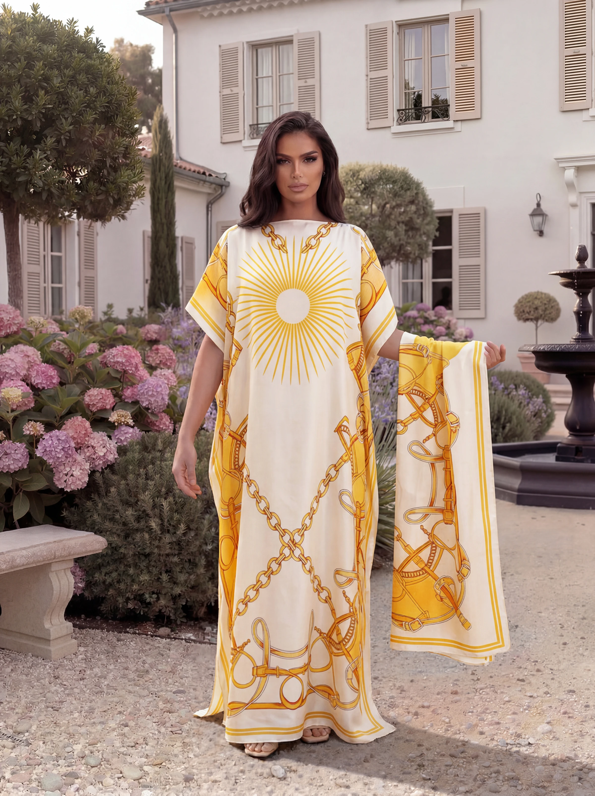 Chain Sun & Rose Floral Print Satin Abaya Scarf Set, Loose Batwing Maxi Kaftan Muslim Women Summer Daily Wear