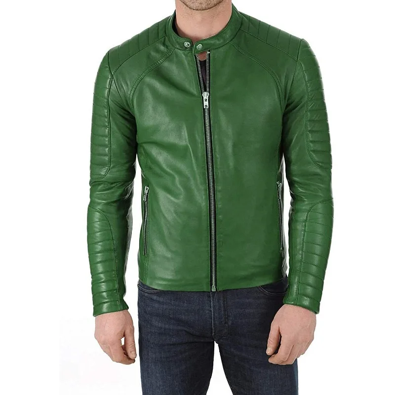 Men's NEW Fashion Style Genuine Sheepskin Pure Leather Jacket Quilted Green Soft