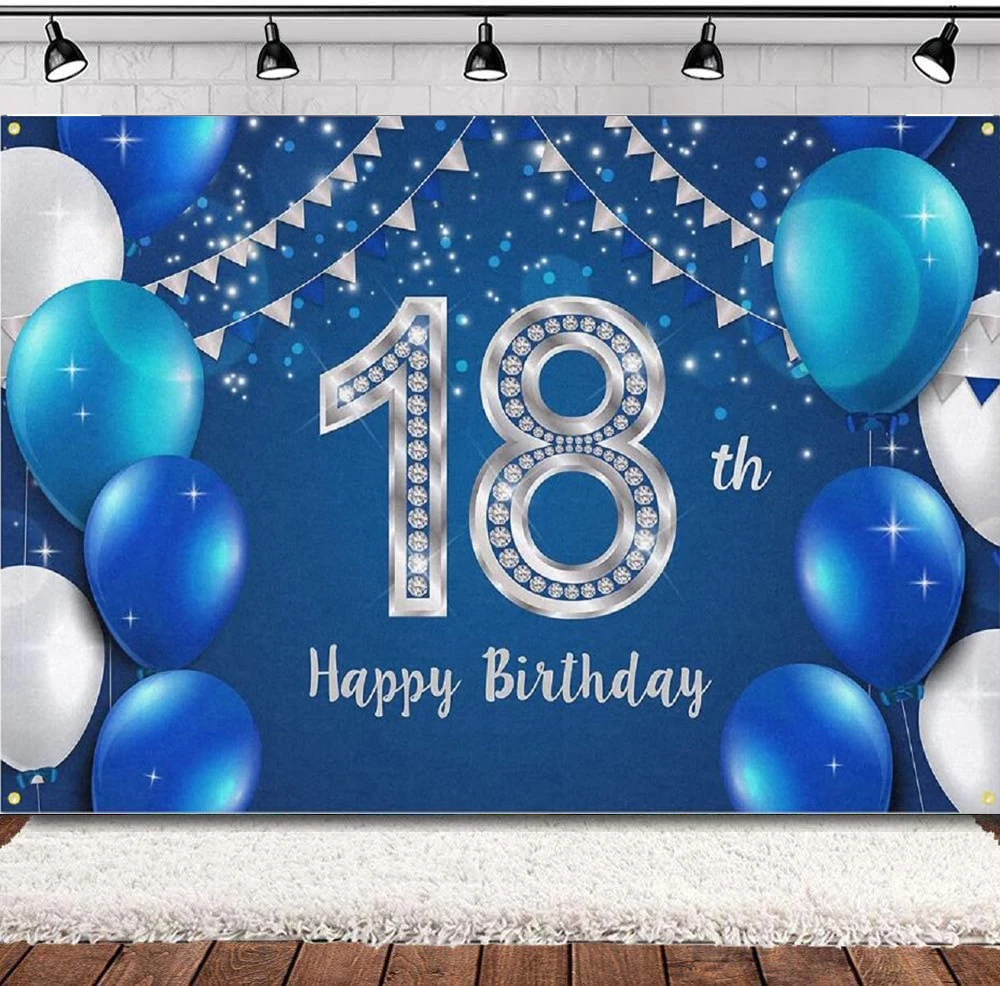 

Photography Backdrop Happy 18 Years Old 18th Birthday Decor Party Background Banner Supplies For Girls Boys - Blue Silver Poster