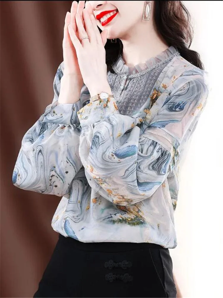 

Fashion Ink Printing Shirt Women's Summer Embroidery Wooden Ear Edge Pullover Chiffon Top Lantern Sleeve Hollow Out Women 2023