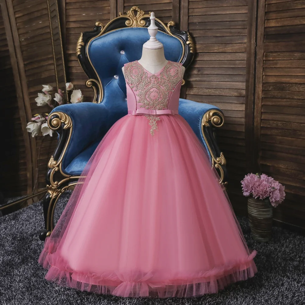 4 Colors 100cm-160cm Children Dress Baby Girl V-Neck Floor-length Trailing Skirt Performance Party Vestidos