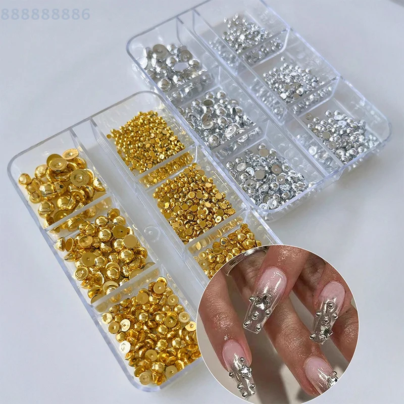 Metalowe nity ozdobne do manicure, 6 przegródek, 3D złote srebrne półokrągłe kulki, ozdoby do paznokci.