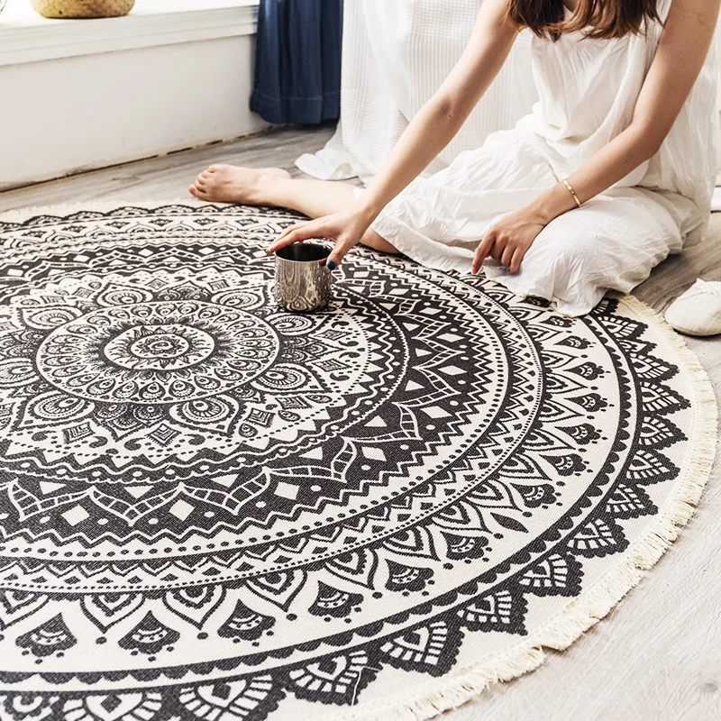 Round Hand Woven Cotton Linen Rug In Or Cm Diameter European Vintage Printed Floor Mat Bedroom Bedside Living Room Bathroom