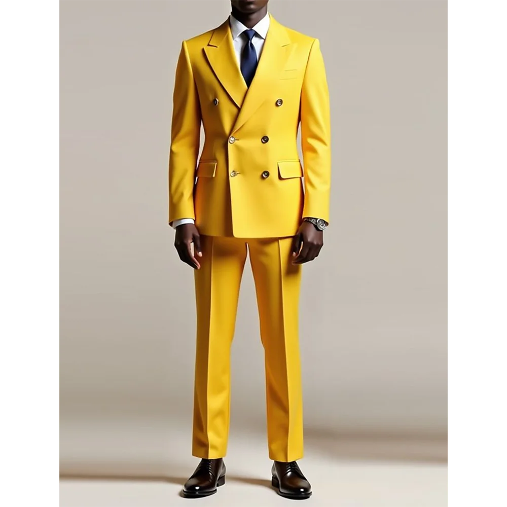 

Yellow Summer New Style Men's Suits Double Breasted Peak Lapel 2 Piecs Jacket Pants Prom Party Social Suits