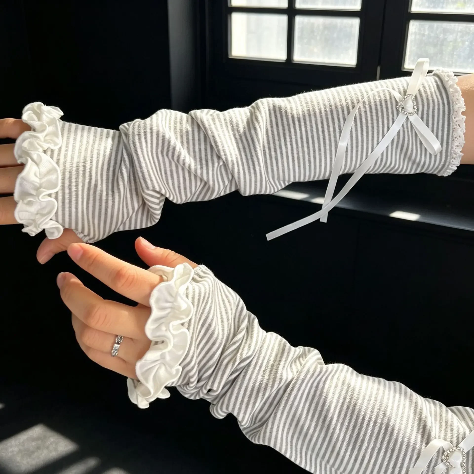 Spring Summer Ballet Style Ruched Sleeve Cover with Bow Tie and Ruffle Cuff for Women