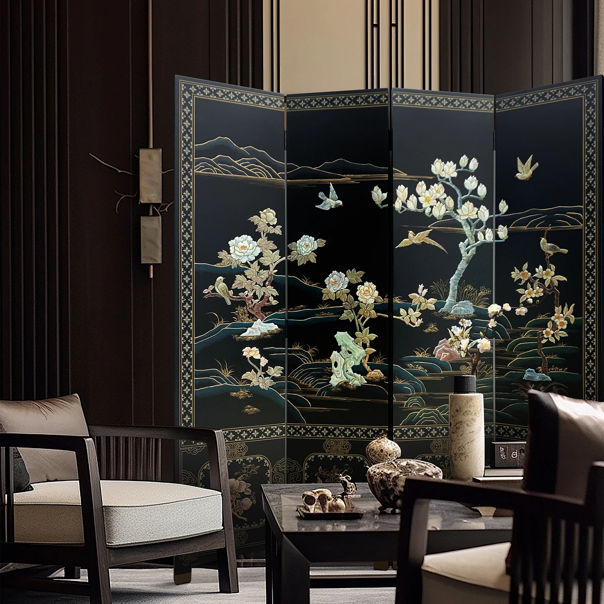 

！@Medieval Birds Flowers Decorative Wood Partition for Living Room Traditional Screen Room Divider Furniture Black Background