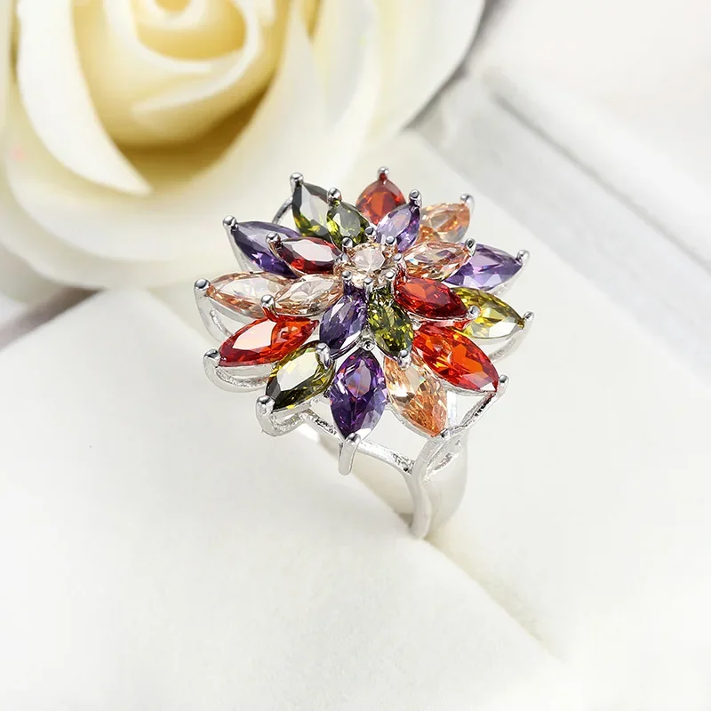 SODROV Luxury Exaggerated Crystal Rainbow Jewelry Rings for Women Engagement Wedding Colorful Zircon Flower Ring