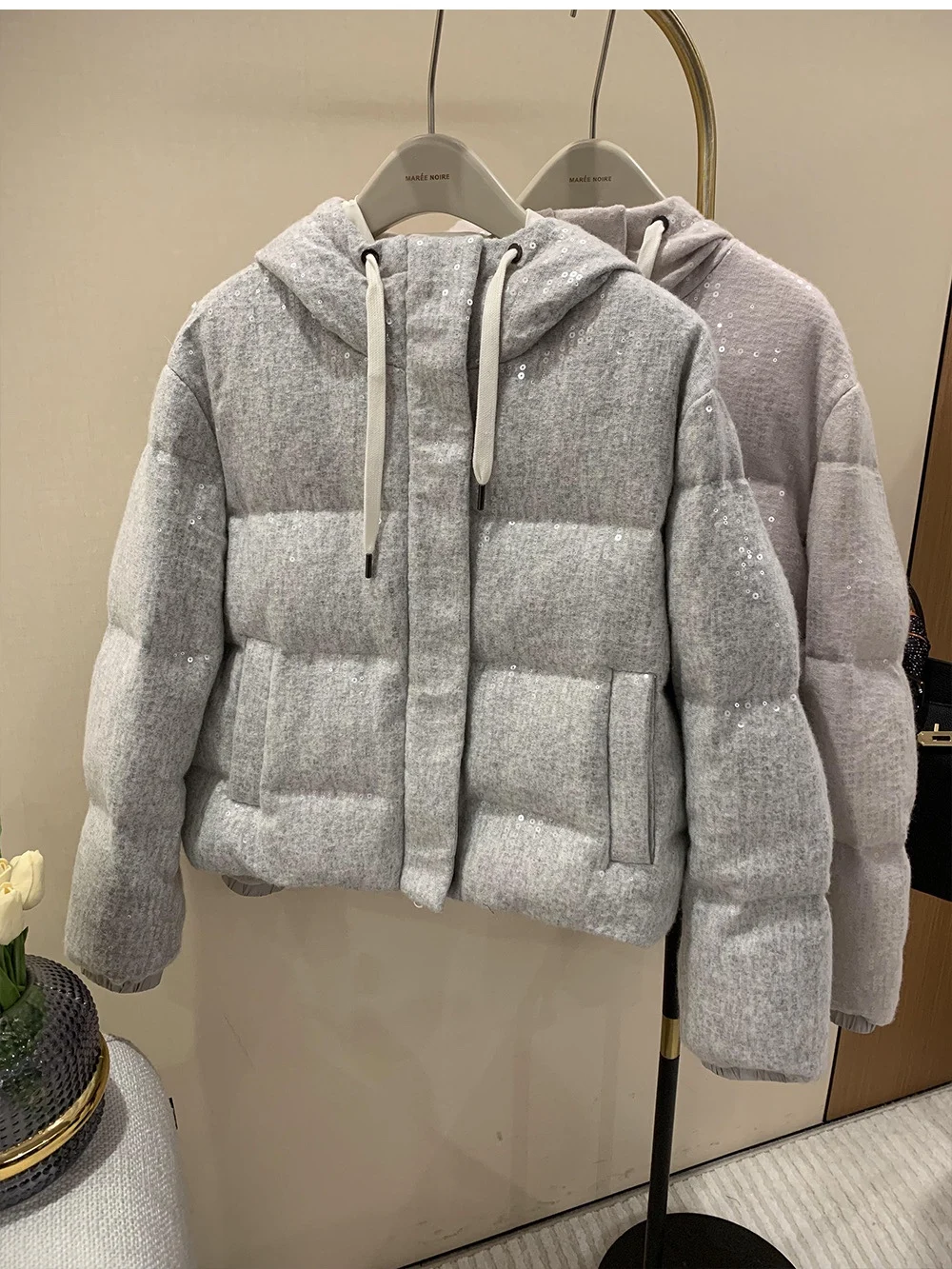 Women's Shining Sequin Hooded Goose Down Jacket Cashmere Wool Short Warm Down Jacket