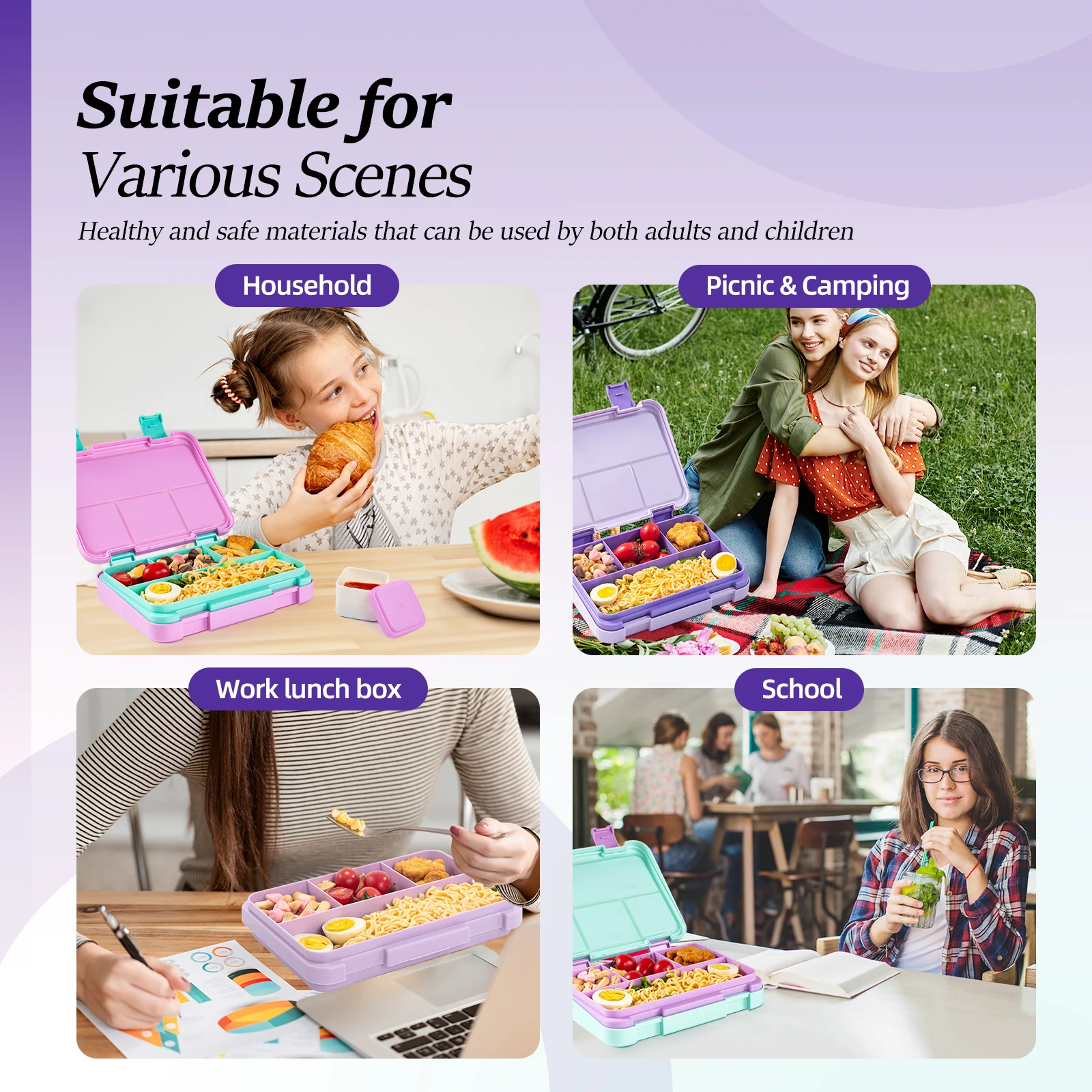 40oz Cartoon Pattern Bento Lunch Box Set Leak Proof Removable Dividers Meal Container for School Office Picnic Food Snack Prep - view 5