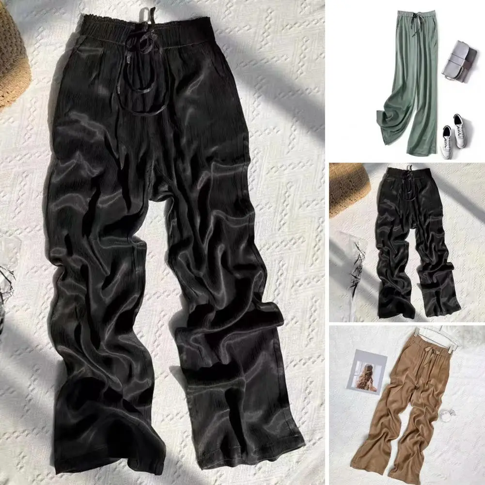 بنطال نسائي واسع الساق أنيق بأرجل واسعة مع جيوب خصر برباط قابلة للتعديل، لون سادة مريح للاستخدام اليومي