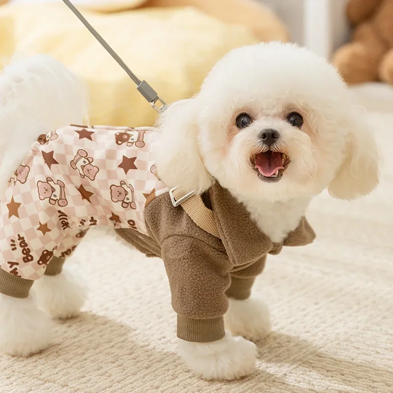 Autumn and Winter Dog Cartoon Cute Bear Four Leg Hoodie Adjustable Four Leg Cat Strap Pants Pet Dog Clothing Puppy Clothes