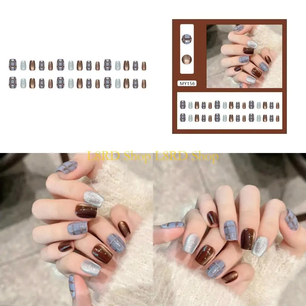

L8RD 30Pcs Press on Short Square Fake with Plaids Cats Eye Designs Glues on Glossy False Artificial