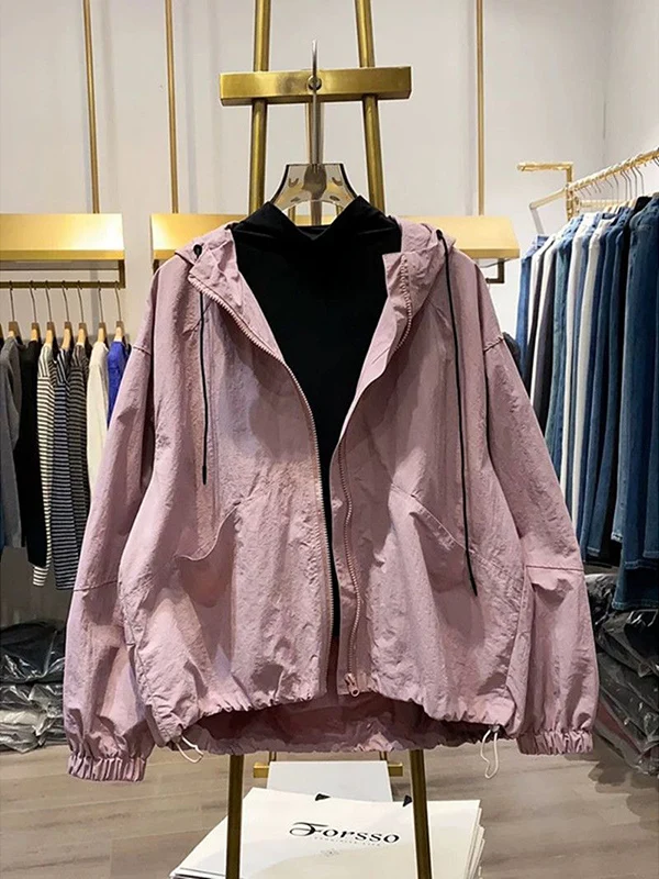 

Большие размеры 300, корейский костюм на молнии с капюшоном, защита от солнца, женский свободный утягивающий повседневный тонкий топ, модный