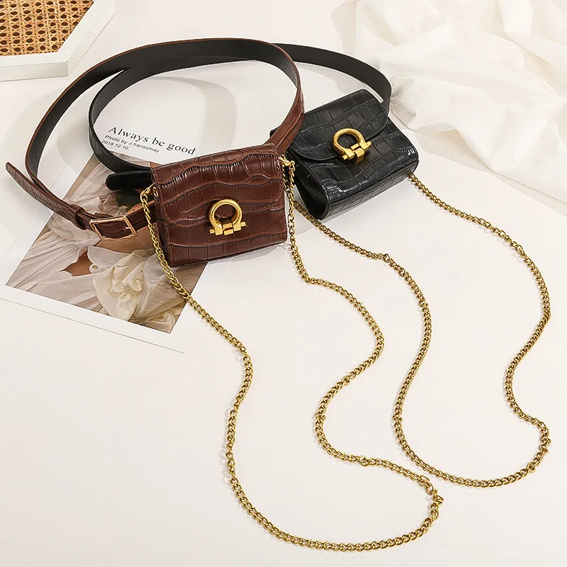 New Versatile Fashionable Waist Bag Belt for Women PU Material Casual Crocodile Pattern Chain Small Bag Belt Jeans Decoration