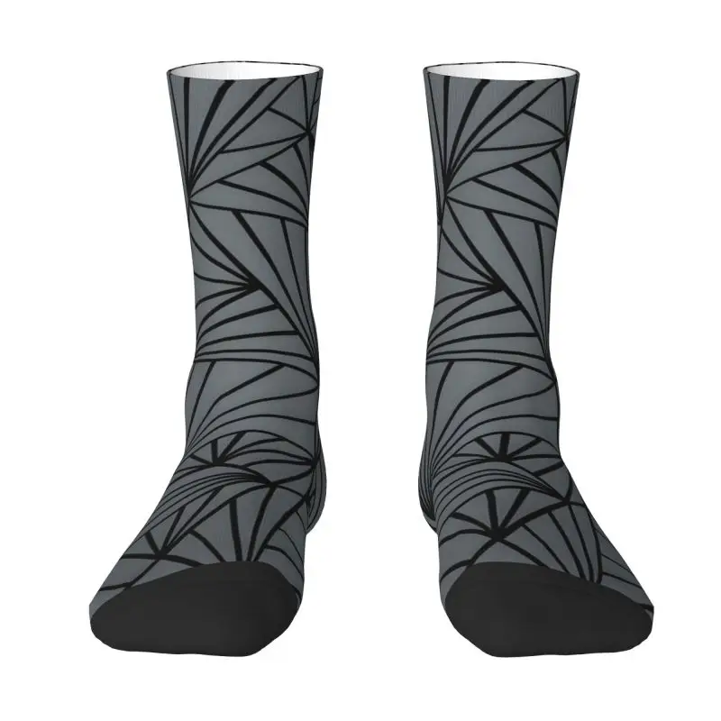 Custom Abstract Lines Geometric Fan Grey And Black Men Women Crew Socks Unisex Novelty Spring Summer Autumn Winter Dress Socks