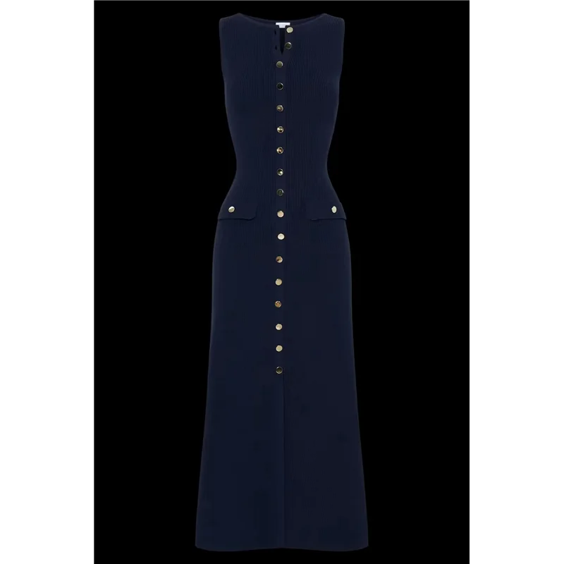 ABP-Damen Sommer ärmelloses einreihiges Strick-Maxikleid mit Schlitz, Rundhalsausschnitt, langer Pullover, figurbetontes Kleid