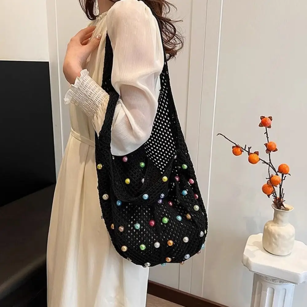 

Solid Color Knitting Shoulder Bag Beaded Decoration Hollow Out Bohemian Crochet Tote Bag Versatile Large Capacity