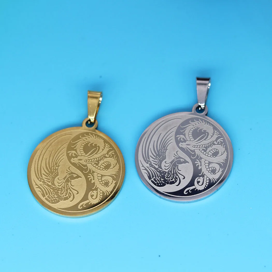 2Pcs/lot Stainless Steel Yin Yang Dragon And Phoenix Charms For Necklace Bracelets DIY Jewelry Crafts Making Findings