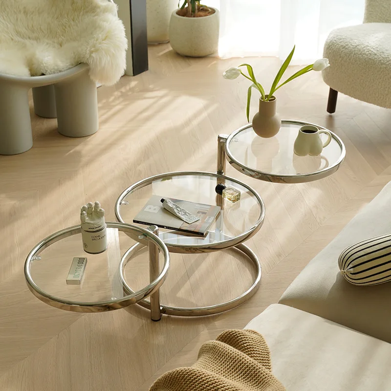 Nordic household small apartment designer living room tea table stainless steel round rotating glass coffee table