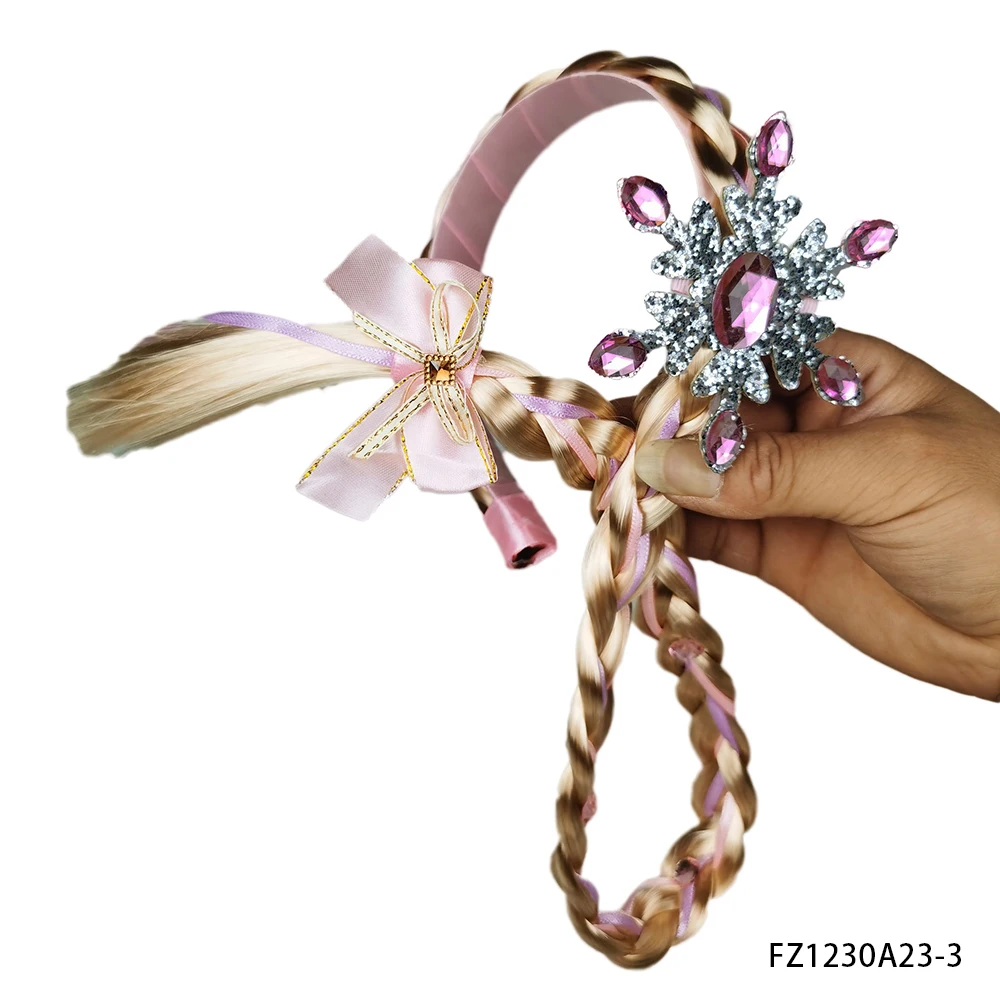 공주 드레스업 가발, 공주 라푼젤 긴 땋은 머리 가발 꽃 장식 헤어밴드 소녀 코스튬 액세서리