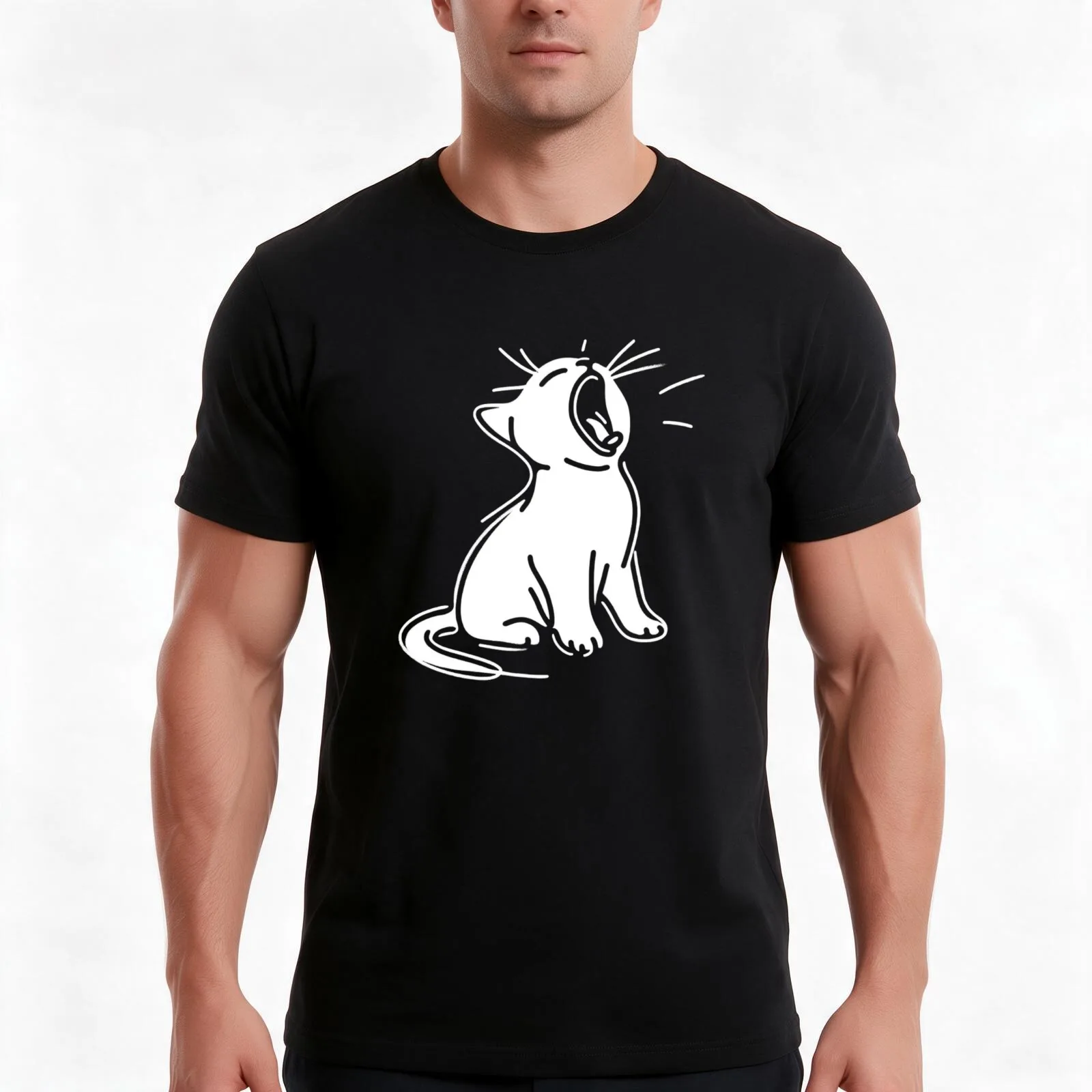 Adorable Yawning Cat Line Art Doodle T-Shirt, Summer Casual Cotton Tee, Oversized Streetwear Tops, Vintage Graphic Print