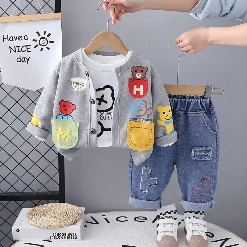 مجموعة ملابس الأطفال الربيع والخريف أزياء الأولاد الطفل الكرتون معطف تي شيرت السراويل 3 قطعة مجموعة 73-120 سنتيمتر