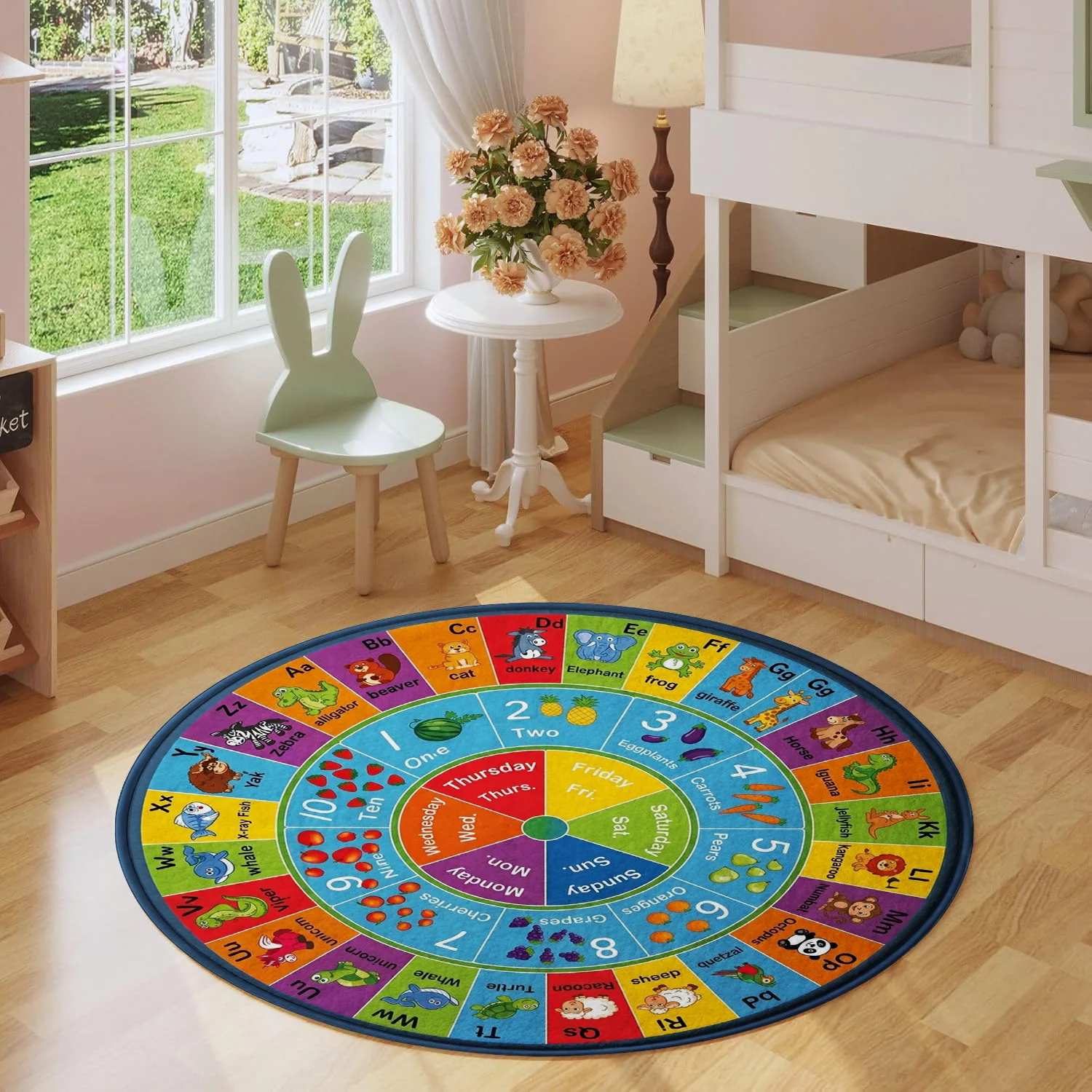 Educational Alphabet Numbers Round Rug - Colorful Cartoon Animals Circle Floor Mat for Kids Room Bedroom Playroom Entryway