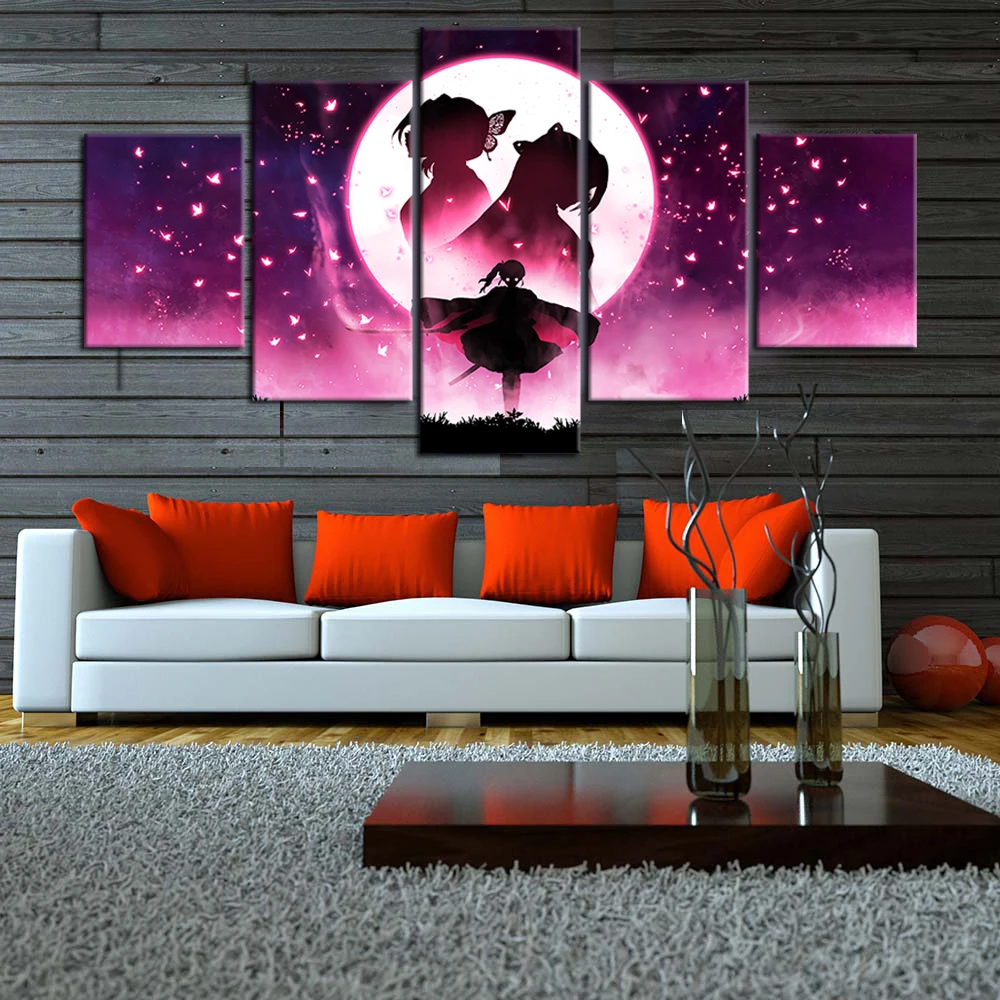 No Framed 5 Panel Kochou Shinobu Kimetsu No Yaiba Painting Print Canvas Art Modular Pictures Wall Art for Living Room Decor