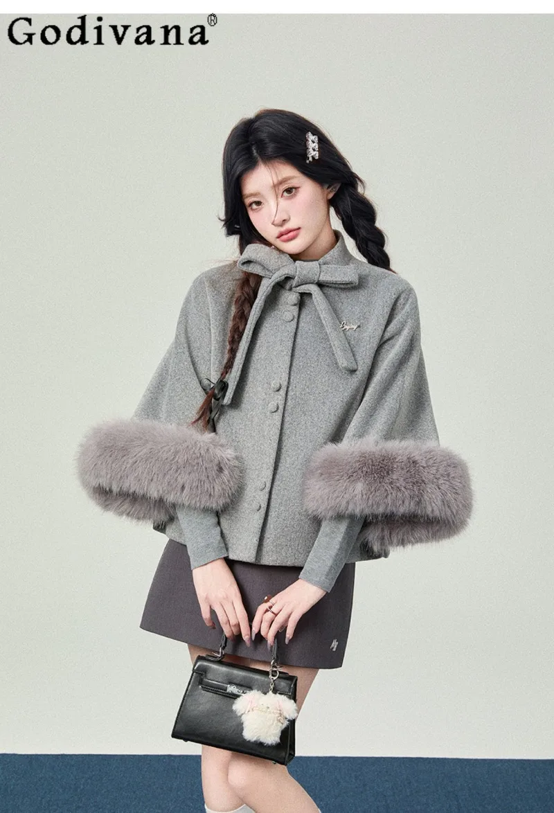 

2025 Winter JK College Style Bow Lolita Furry Cape Top Coat Sweet Girls High-end Warm Woolen Coat