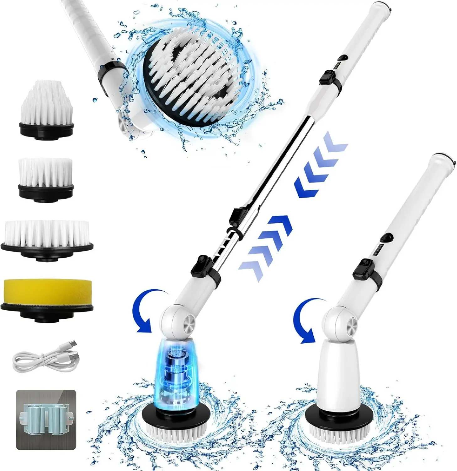 منظف دوار كهربائي مع 4 رؤوس، مقبض قابل للتمديد، سرعة مزدوجة، شحن USB-C - للاستحمام، حوض الاستحمام، البلاط، الأرضية #2