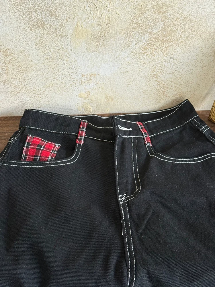 ReddaChic Low Rise Baggy Women's Jean Shorts Emo Summer Black Plain Stitch Straight Denim Bermuda Shorts Punk Vintage Streetwear view 5