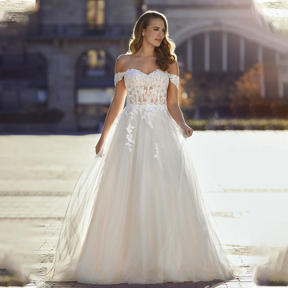 

Elegant Off The Shoulder Sweethart Lace Applique Bridal Grown A Line Wedding Dresses Custom Made 2025 Vestido De Noival