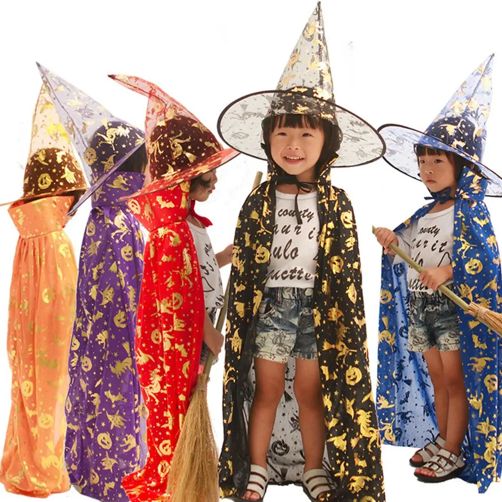 Gorros de bruja Unisex, sombrero de murciélago para niños y niñas, conjuntos de capa de Halloween, disfraces aterradores, disfraces de Cosplay para niños, ropa de actuación