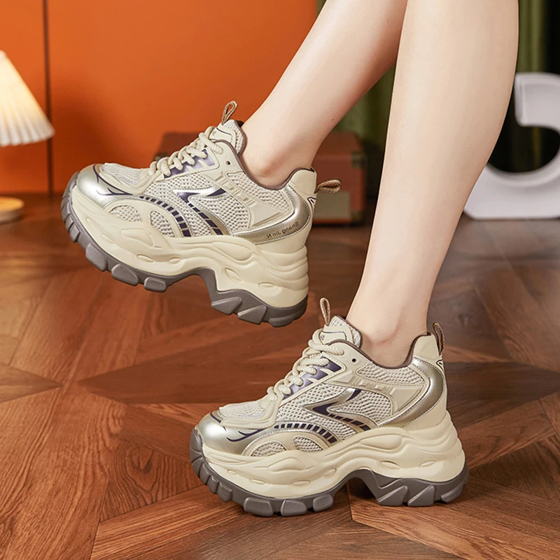 

AUTUSPIN 7cm Winter Shoes Woman 2026 Chunky Sneakers Retro Grey Apricot Ladies Shoes High Platform Casual Women's Sneaker Mesh