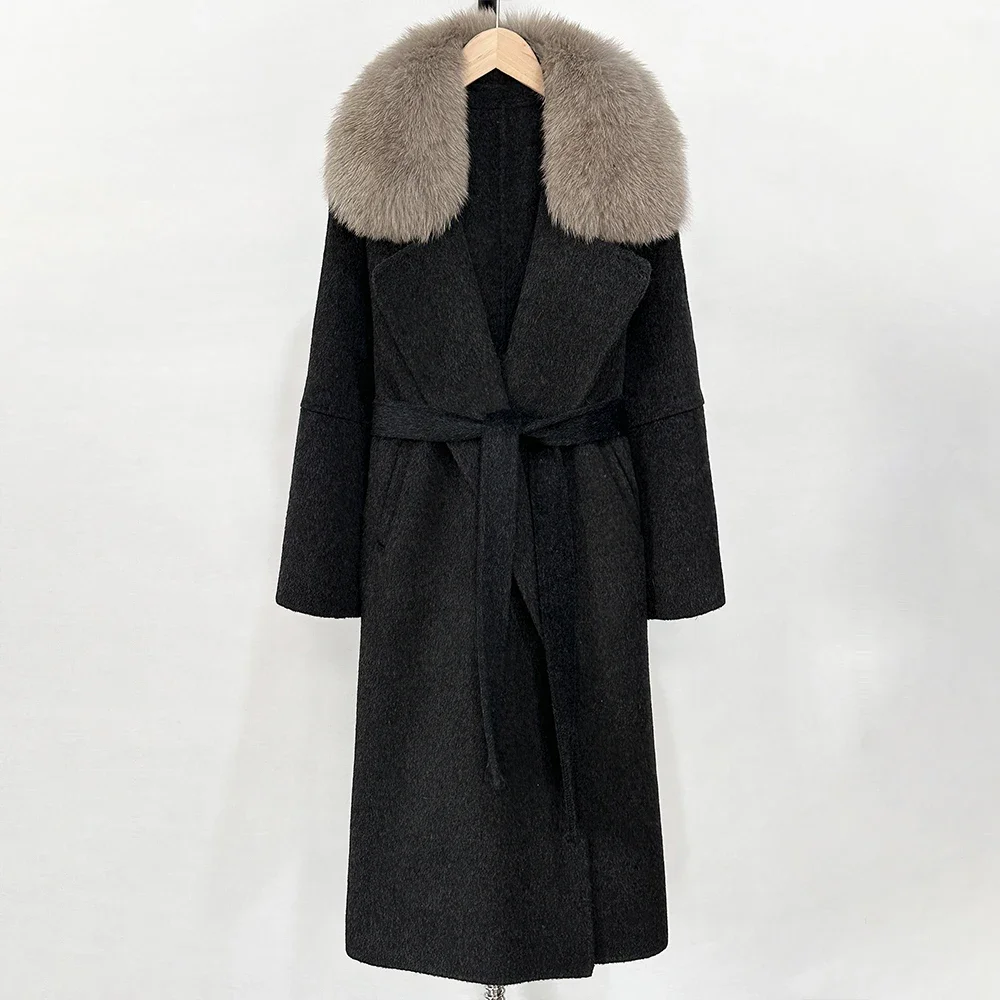 Chaqueta de piel de zorro cálida de lana elegante para mujer, abrigo de lana a la moda, abrigo largo de primavera con cuello de piel auténtica y grande para mujer, abrigo de piel de realidad