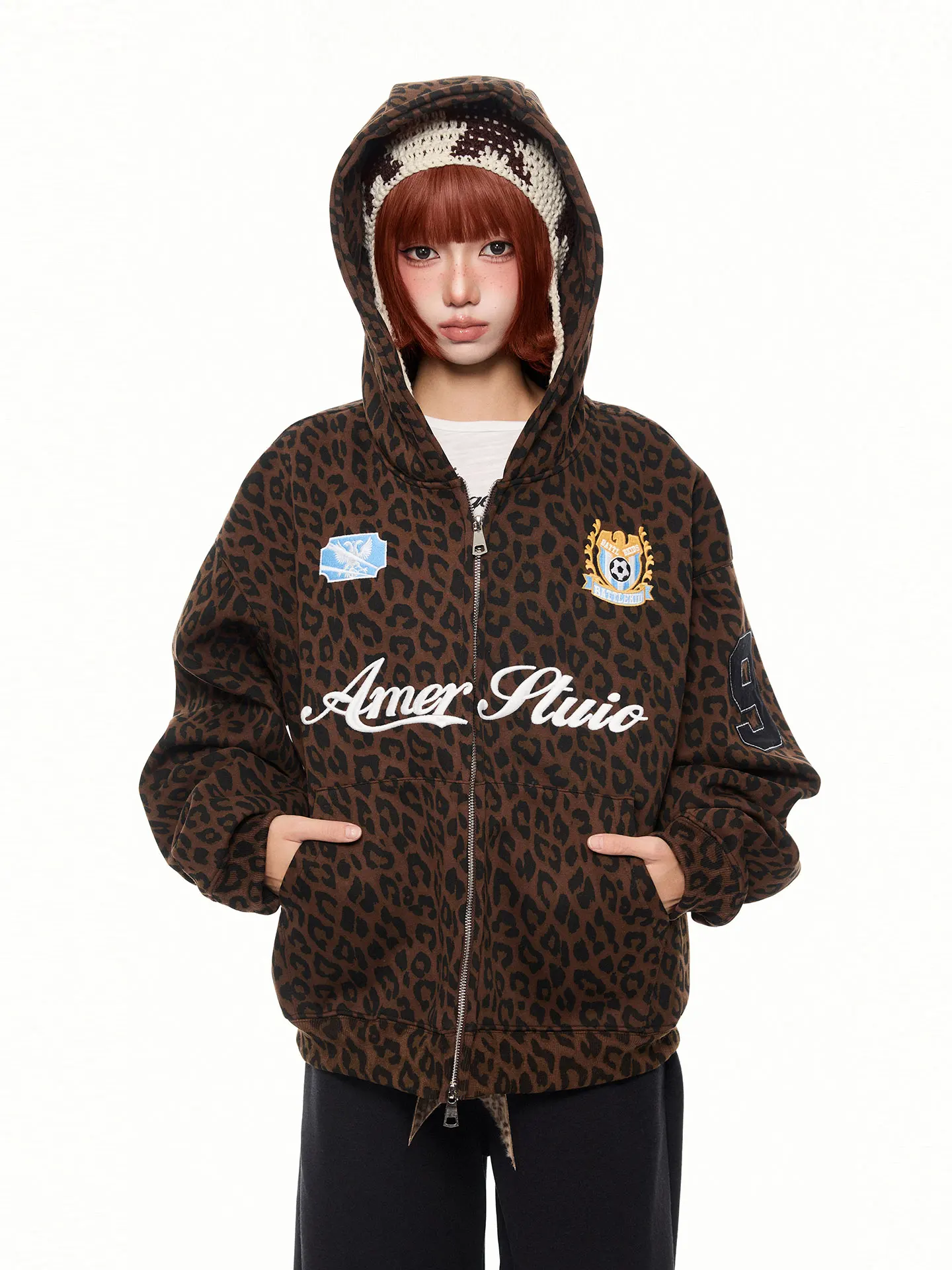 K787 Badge Leopard Print American Retro Trendy Embroidered Loose Hoodie Men's Loose Zipper Open Cardigan Jacket Youth Fashion