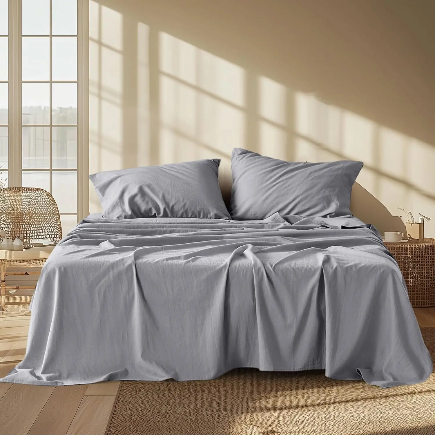 

Sheets - Queen Size Bed, Blend from Linen Cotton Bedsheets, Breathable Cotton Bedsheets, Gifts for All Seasons, 4