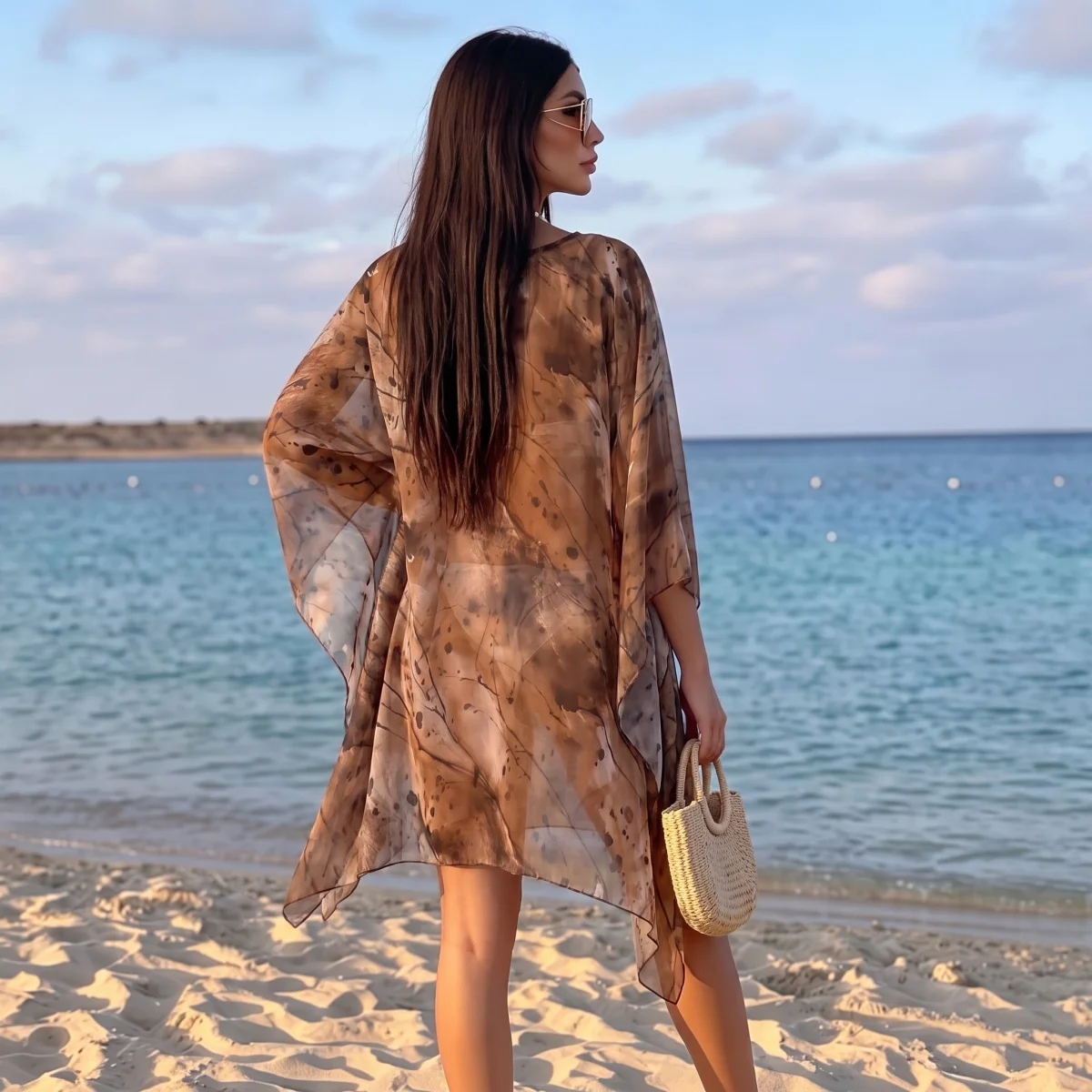 Arab Ladies Floral Print Sheer Chiffon Modest Robe Oversized Wide Sleeve Summer Vacation Swim Cover Up Abaya
