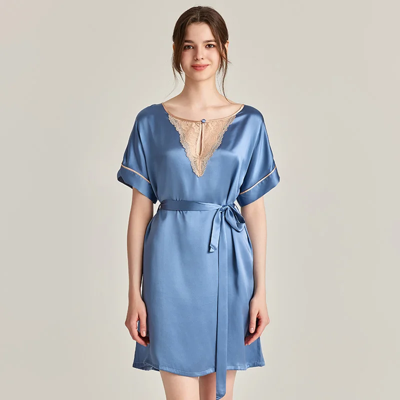 

19MM 100% Real Silk Sexy Nightshirt Female Home Dress Lace Up Oversize Sleepwear Nightgown Casual Chemise Short Pajama Dress PJS