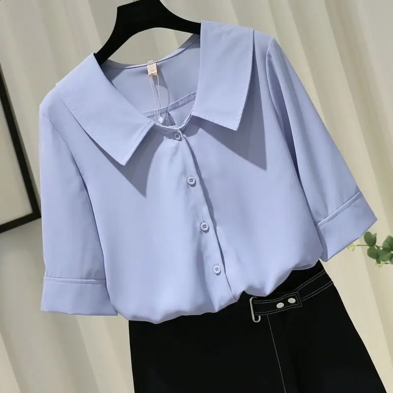 Elegant Chiffon Loose Shirt Tops Summer New Button Short Sleeve Polo Neck Solid Color Loose Blouse Casual Office Women Clothing