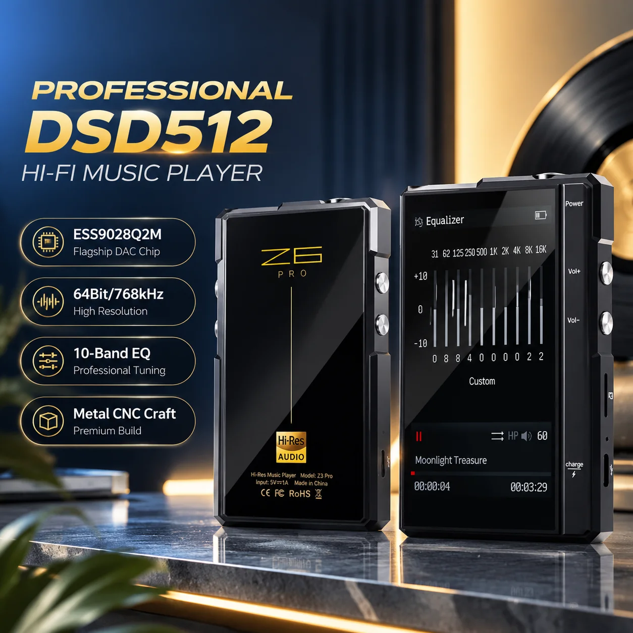 Music Audio Pro - Z6 Pro เครื่องเล่นเพลงแบบพกพา รองรับไฟล์เสียงคุณภาพสูงแบบไม่สูญเสียรายละเอียด DSD512 Hi-Res