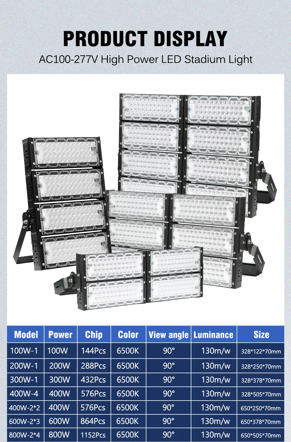 Stadion-LED-Flutlicht AC100-277V 100W 200W 300W 400W 600W 800W 6500K 130M/W SMD2835 für Tunnel- und Verkehrsflächenbeleuchtung – Detail 8