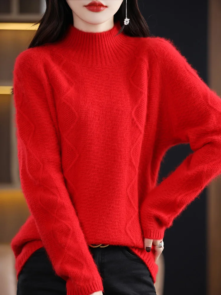 High-End Thicken 100% Pure Mink Cashmere Sweater Women\' Turtleneck Jacquard Knit Pullover  Loose Large Size Blouse Winter Jacket