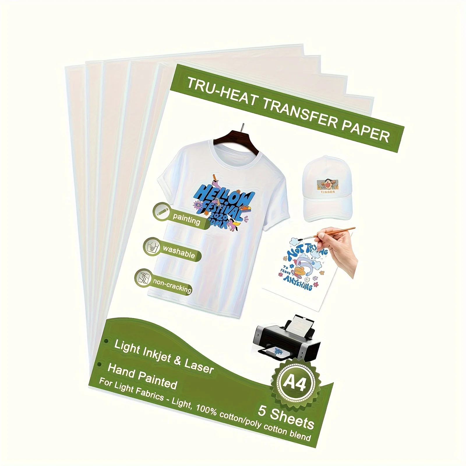 A4 On Heat Transfer Paper For Light Fabric 5 Sheets For White T-Shirts Printable for Inkjet & Laserjet Printer