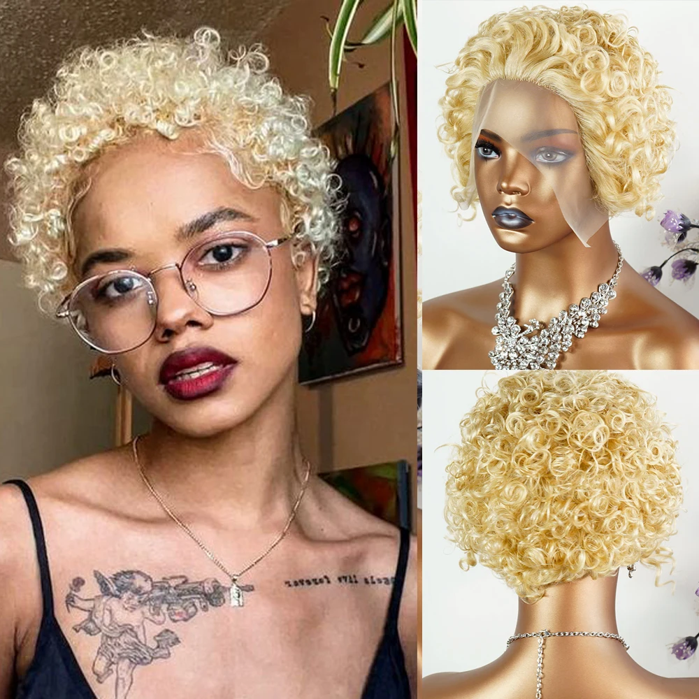 Loira Curta Pixie Corte Peruca de Cabelo Humano para Mulheres, Peruca Frontal Do Laço Transparente, Kinky Curly Bob, Remy, Brasileiro, 13x1